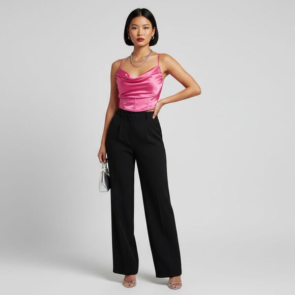 Women's Xsmall Satin Pink Cowl Neck Corset Crop Top Barbiecore Party Y2K - Picture 12 of 12